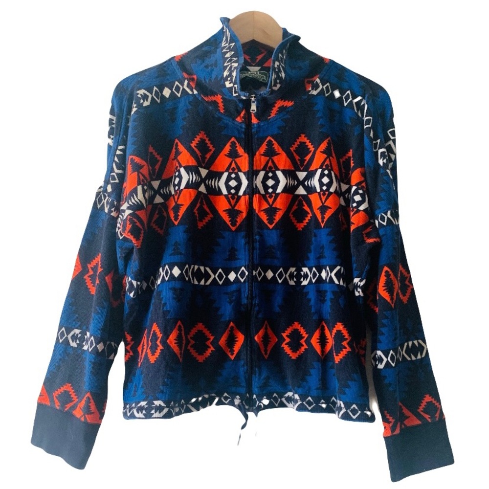 Lauren Ralph Lauren Active Navy Red Aztec Print Full-Zip Sweater Women’s XL